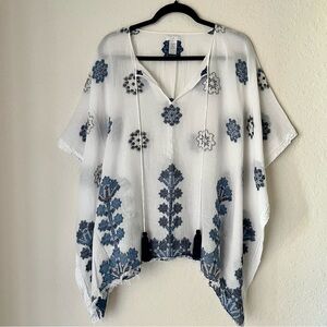 J Jill Ocean Breeze Cotton Floral Poncho Kimono Coverup Floral Tassel Coastal